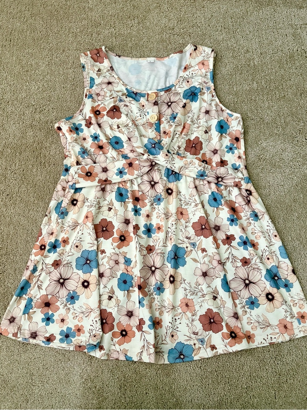 Sleeveless Floral Blouse in Cream with Blue & Brown Blooms